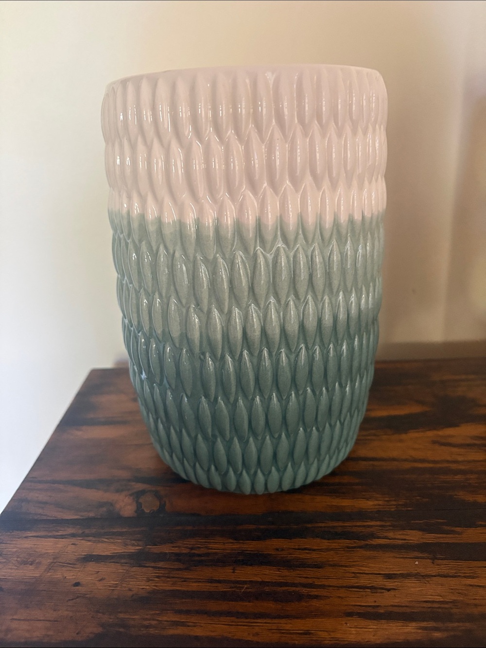 Textured Ceramic Vase in White and Seafoam blue